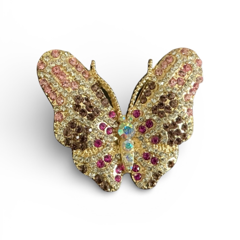 Gold Butterfly Brooch with Pink and Brown Crystals NWT
